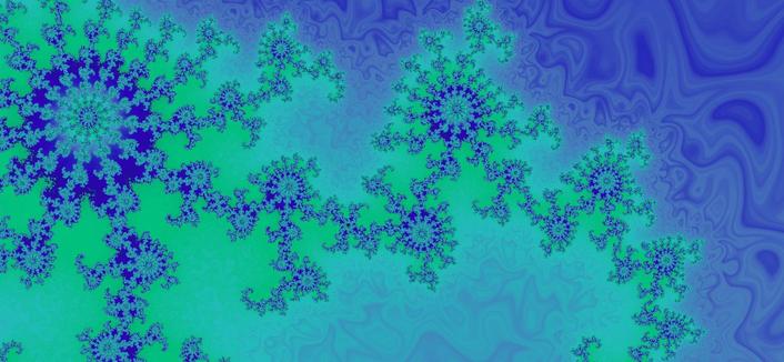 Close up of a Mandelbrot set, showing the seahorse valley section in shades of blue and green that look like they are underwater. Made with Frax.