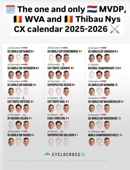 A calendar of cyclo-cross races. Against each race appears the faces of Mathieu van der Poel, Wout van Aert and Thibau Nys, indicating which of them is due to race.

It reads:
The one and only MVDP,
WVA and Thibau Nys
CX calendar 2025-2026