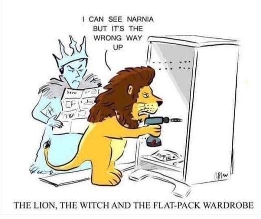 A cartoon depicts a lion using a power drill on an Ikea wardrobe while a witch in a crown looks on the plan to mount it. The lion expresses frustration about seeing Narnia through the wardrobe but finds it upside down. The caption reads, "The Lion, the Witch and the Flat Pack Wardrobe"