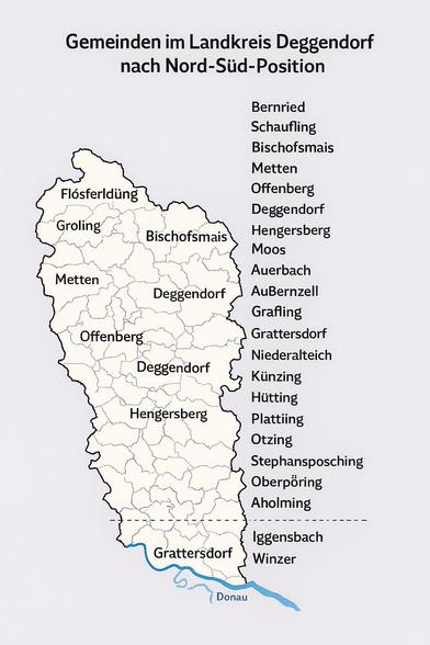 A map of the Landkreis Deggendorf in Germany, showing various municipalities organized by their north-south positions. The Danube River is indicated at the bottom.