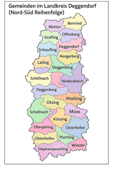 A colorful map of the municipalities in the Deggendorf district of Bavaria, Germany, labeled in German. Each municipality is shaded in different colors for clarity.