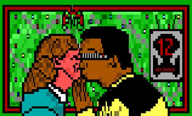 Beneath a hanging strand of mistletoe leaves, a dark-skinned man wearing a visual prosthesis kisses a long-haired woman.