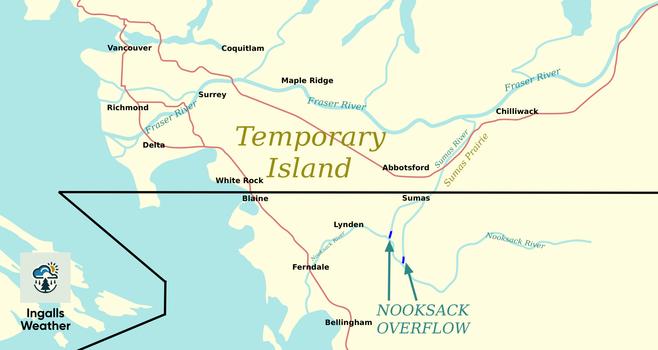 A map showing the Nooksack overflow upstream of Lynden creating a temporary island covering Delta, Surrey, White Rock, Abbotsford, Lynden, and Blaine.