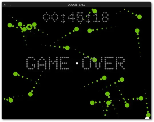 🕶️ A view of its interface (v.1.0.0, on my Linux PC) at the end of the game: my ball is the white ball at the bottom right of the screen where I ended up retreating before being hit by a green ball (end of game) after 45 seconds of play. The score is the time (displayed at the top of the screen) that elapsed before being hit by one of the twenty or so balls (there can be many more) that were bouncing around everywhere. 

📚️ dodge_ball is a minimalist, libre, multi-platform arcade game of the “bullet hell” type, where the goal is to avoid other balls for as long as possible. The player controls the movement of a white ball that continuously (every 1.5 seconds) fires colored balls that bounce off the sides of the playing area. The game ends and the timer stops when a ball hits the player's ball. Sound and visual effects, as well as force feedback, enhance the game's atmosphere. Great fun.
