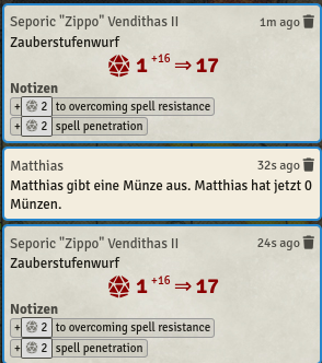 Ein Spieler hat 2x hintereinander einen Zauberstufenwurf mit einer 1 vergeigt. Die Münze erlaubte ihm, den Wurf zu wiederholen.