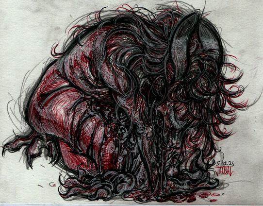 a detailed ballpoint drawing in black and red of an anthro brushtail possum character just completely fucking throwing up all over herself. i guess she doesn't feel very good. the red crosshatching and white gel pen has been used to render the side of her flank and her ribs.