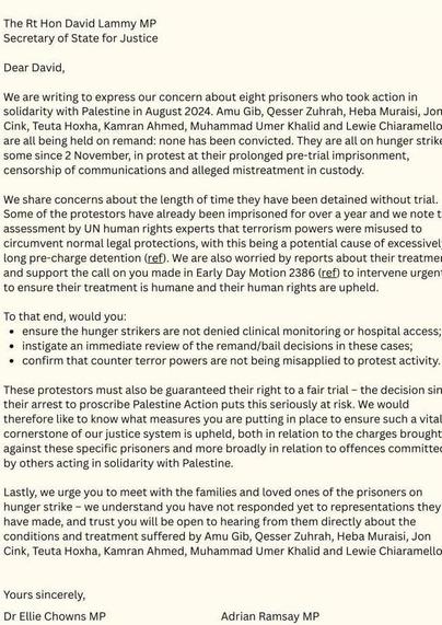 An urgent letter sent to David Lammy about the condition of the ##HungerStrikers from the #Green party in support of #Corbyn's early day motion