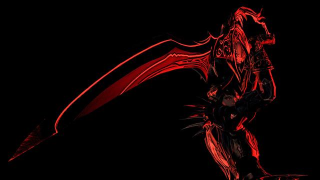 ffxiv gpose screenshot. xephre raises their greatsword, pointed at an angle toward the viewer as though to impale them, with a look of merciless fury in their eyes. they're heavily backlit with harsh red lighting and deep black shadows.