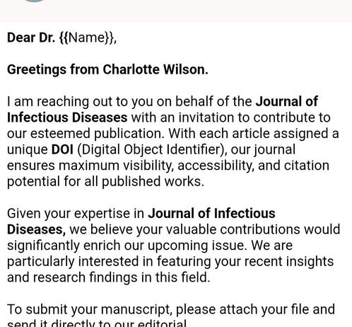 A spam from predatory 'journal' where the placeholder for the person they're trying to scam says Dr. {{Name}}