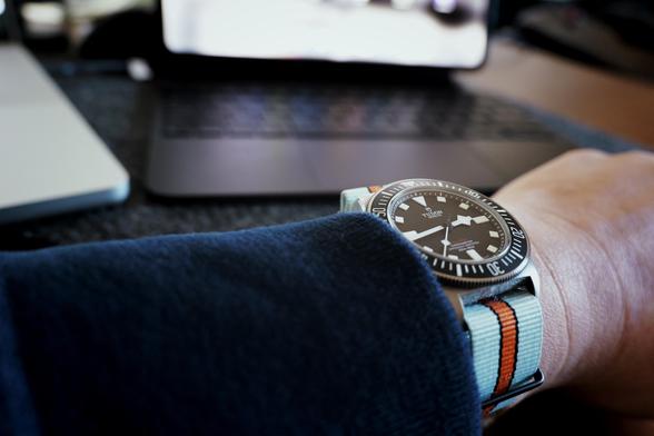 A Tudor Pelagos FXD on a Gulf colored NATO strap.
