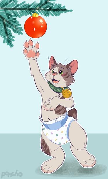 babyfur kitten character reaches for a christmas ornament