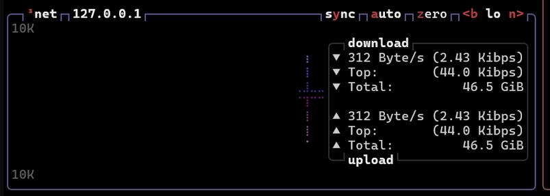A screenshot of the btop resource monitor in a terminal on a Linux server. The top bar shows 'net 127.0.0.1 sync auto zero b lo n'. Below that, a network usage widget displays both download and upload statistics, each showing 312 Byte/s (2.43 Kibps) current rate, 44.0 Kibps top rate, and 46.5 GiB total transfer. The widget has a purple dotted line graph visualization. The user notes this is their atproto PDS server.