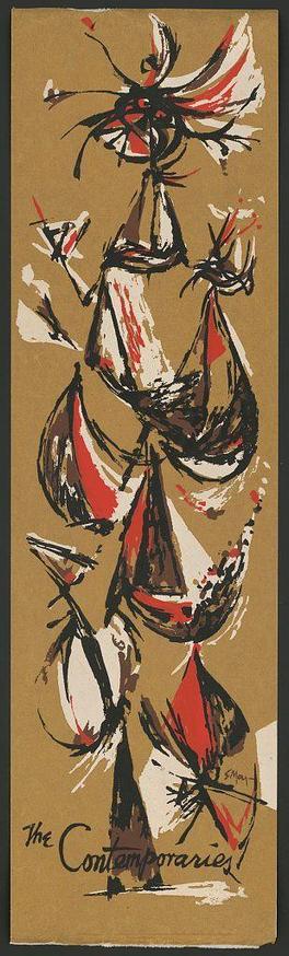 The image depicts a stylized and abstract composition featuring various forms that resemble human figures or dancers. These shapes are composed of bold lines, red accents, and black outlines on an ochre background with areas in white creating contrast.

At the top of this artwork is text "The Contemporary," while at the bottom it reads "The Contemporaries." The arrangement suggests movement or performance, possibly representing a modern dance scene. The figures have elongated bodies with dynamic poses, some holding objects that resemble wine glasses.

This print appears to be part of a series related to contemporary art and cultural events from between 1960-1970 as indicated by the reference in "The contemporaries [between 1960 and 1970]." The overall style is expressive with an emphasis on gestural brushwork, typical of mid-century modern abstract expressionism.