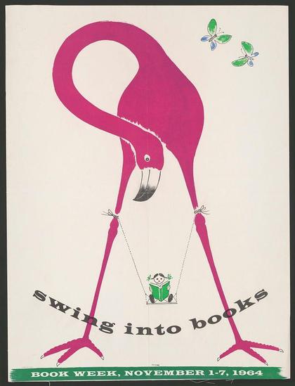 The image features a vibrant and whimsical illustration of a flamingo with an elongated neck and legs, depicted in bold pink color. The bird is shown standing on one leg, with its other leg elegantly raised as if it's dancing or performing the splits. Hanging from the flamingo's foot is a green swing, where a small child is seated, engrossed in reading a book. Above the flamingo are two stylized butterflies painted in shades of blue and green.

Below the main illustration, there's prominent text that reads "swing into books" followed by smaller print stating "BOOK WEEK, NOVEMBER 1-7, 1964." The overall design has an artistic flair with a touch of playfulness, suggesting it is likely related to promoting reading or celebrating National Book Week in Australia.