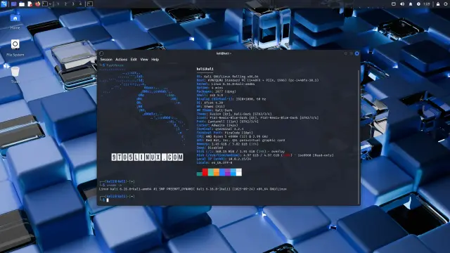Screenshot of Kali Linux 2025.4 with the Xfce desktop environment showing the Xfce Terminal app with an output of the fastfetch and uname -a commands.