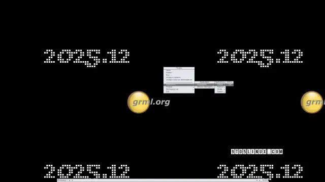 Screenshot of Grml 2025.12 with the Fluxbox window manager showing the main menu.