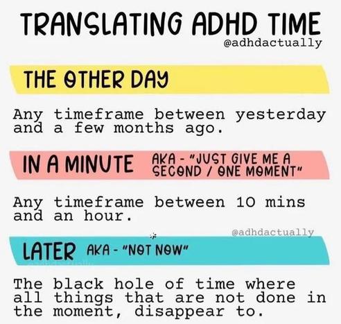 TRANSLATING ADHD TIME

THE OTHER DAY
Any
timeframe between yesterday
and
a few months ago.
IN A MINUTE
AKA - "JUST GIVE ME A
SECOND / ONE MOMENT"
Any timeframe between 10 mins
and an hour.

LATER AKA - "NOT NOW"
The black hole of time where
all things that are not done in
the moment, disappear to.