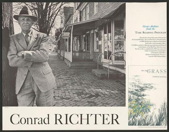 The image displays a monochrome photograph of an older gentleman, presumably Conrad Richter. He is wearing a suit with a tie and sports a fedora hat as he leans against a tree trunk on what appears to be a cobbled sidewalk in front of buildings that have storefronts visible at ground level.

On the right side of the image, there's text overlaid which provides information about Conrad Richter: "Great Authors from the Time Reading Program," with his name prominently displayed below. It includes snippets of biographical details such as where he was born and raised, a mention of him working various jobs like farm hand, book seller, newspaper editor among others before becoming an author.

An illustration is present in this section depicting wild grasses or flowers, likely referencing one of Richter's works titled "The Sea Of Grass." The bottom part of the image features his name again along with some additional text that seems to be a publication note about a particular work. Overall, it looks like promotional material for an educational program promoting reading among teenagers during the 1960s era in America.

It is worth noting that this image captures both the portrait and textual elements meant to celebrate or educate young readers on notable authors from American literature's past through "The Time Reading Program."
