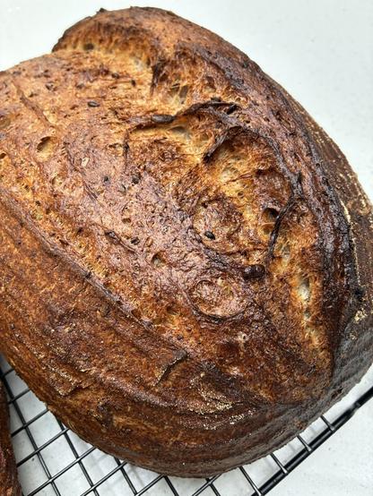 Sourdough showing seaweed and seeds.