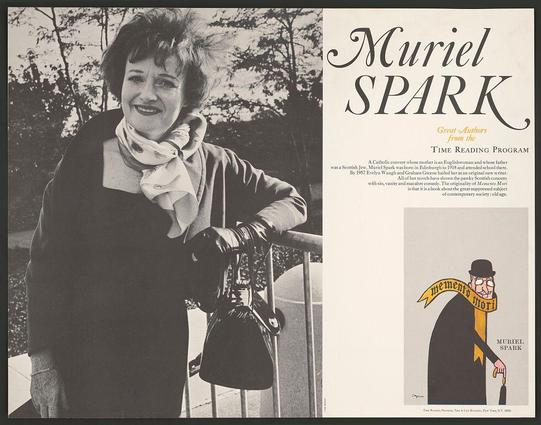 Black and white photograph of a woman, presumably Muriel Spark. She is smiling at the camera with her hand touching her chin as she looks to one side from behind a railing where she has placed a black bag on top of it.
On the right-hand side there are text elements that appear in three parts: "Muriel SPARK," which seems like an introduction or title, followed by additional information about Muriel Spark. The first paragraph reads as follows:
"Muriel Spark was born into a Scottish Jewish family and she attended school at St Swithins Hall Edinburgh."
The second part of the text introduces her literary career: "Muriel Sparks converted in 1957 to Catholicism, after which she worked for several years on various projects including editing 'The Times Literary Supplement.'"
At the bottom right is a depiction of Muriel Spark's caricature with glasses and wearing a hat. She holds a sign that says "memento mori" (a Latin phrase meaning: remember you are mortal). The artist, also known as Muriel Spark, appears to be standing behind this drawing in her own photograph.
The text at the bottom of the image indicates it is part of an event or program related to reading.