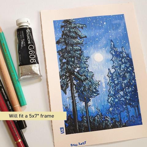 A small illustrative style landscape artwork of a moonlit winter night with tall trees and falling snow. The palette for the piece is white, blue and black.
An original art work, please note that the frame is not included.
Colour pencil and mixed media on acid free toned artist paper
5 by 7 inches (12.7 by 17.8 cm).