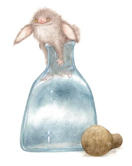 a small furry creature escaping from a glass jar.