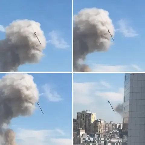 The image collage above made out of four screenshots from the video showing a Russian Kh-101 missile an instant before it hits the Okhmatdyt Children's Hospital