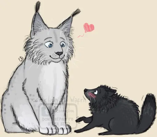 Digital flat color illustration of Viktor Nikiforov and Yuuri Katsuki from Yuri!!! On Ice, drawn as animals. Viktor is a Siberian Lynx and Yuuri a tanuki, both with all the fur in their bodies the same color as the hair in their canon versions. Viktor is looking down at Yuuri and smiling, there is a tiny doodle of a pink heart next to him. Yuuri is flinching, shaking, blushing and opening his eyes wide while looking up at Viktor, his tail standing on end. The background is light greyish yellow.