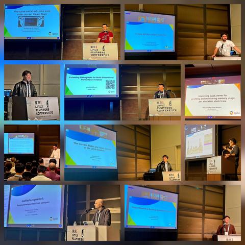 Collage of Igalians on the stage of Linux Plumbers Conference 2025. André Almeida, Changwoo Min, Gavin Guo, Guilherme Piccoli, Maurício Faria de Oliveira and Ricardo Cañuelo together gave eight talks in multiple micro-conferences: Linux System Monitoring and Observability, Kernel Testing and Dependability, sched_ext: the BPF extensible scheduler class and Gaming on Linux.
Collage of Igalians on the stage of Linux Plumbers Conference 2025. André Almeida, Changwoo Min, Gavin Guo, Guilherme Piccoli, Maurício Faria de Oliveira and Ricardo Cañuelo together gave eight talks in multiple micro-conferences: Linux System Monitoring and Observability, Kernel Testing and Dependability, sched_ext: the BPF extensible scheduler class and Gaming on Linux.