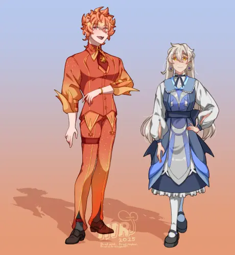 Fullbody illustrations of Ruairi Cromwell and Una Letzfelt in their Sundance outfits. Ruairi is wearing a sun-themed tuxedo suit with orange-red colours and golden metal adornments and a pair of dark-brown shoes, while Una is wearing a moon-themed lolita-inspired dress with blue-purple colours and silver earrings shaped like crescent moons.