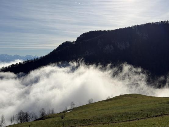 Oben blauer Himmel mit weisse Wolken, darunter ein Berg mit Wald, in der Mitte aufsteigender Nebel, unten eine Wiese
Above, blue sky with white clouds, below it a mountain with forest, in the middle rising fog, below a meadow
