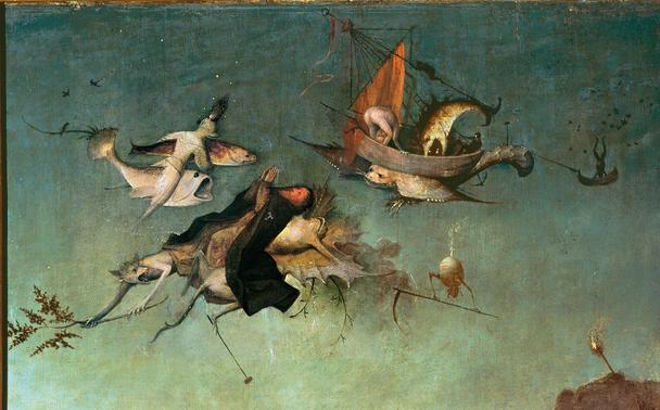 <p>Paintings of scenes from the hagiographies of Christian saints have been enduring favourites, particularly for churches dedicated to that saint, and for sponsors named after them. The lives of some saints are sufficiently complicated as to offer the artist a choice of different scenes, but in the case of Saint Anthony the Great (of Egypt, the Abbot, etc.), paintings are almost confined to his temptation by the devil.</p>
<p>Saint Anthony was born in 251 CE to wealthy parents in Lower Egypt. His parents died when he was 18. He then became an evangelical Christian, and gave his inheritance away to follow an ascetic life. For fifteen years he lived as a hermit. During this time the devil fought with him, afflicting him with boredom, laziness, and dreams of lustful women, before beating him unconscious.</p>
<p>Friends found him and brought him back to health, so he returned to the desert for another twenty years. This time the devil afflicted him with visions of wild beasts, snakes and scorpions, but again he fought back, eventually emerging serene and healthy. He went to Alexandria during the persecution of Christians there, to comfort those in prison. He returned to the desert, where he built a monastic system with his followers.</p>
<p>His attributes are a bell, a pig, a book, the Tau cross (like a capital T), sometimes with a bell pendant. He is commonly shown being tempted in a wilderness, often by naked women, and is associated with fire (“Saint Anthony’s Fir