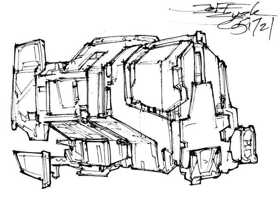 Black and white line art sketch of an imaginative sci fi spaceship. Each one is very different. Blocky but amorphous, this blind-looking chunk pod looks a little blank and lost.