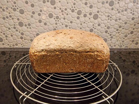 Loaf of multi grain sourdough bread, resting on a cooling rack on top of an induction stove top.

White and grey bubble tile back splash as background.