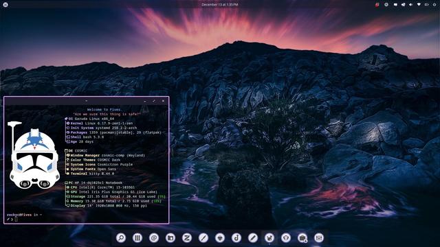 Screen shot of my customized COSMIC desktop on Garuda Linux