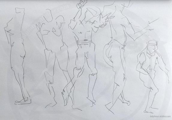 Planche de cinq croquis rapides aux traits nerveux où on devine le corps d'un homme en mouvement