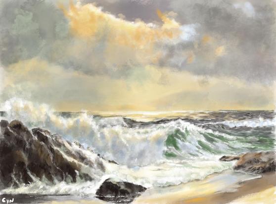 Digital painting (Procreate) of an afternoon beach scene with foggy skies. Bright yellow sunlight shines through the clouds and highlights the horizon and incoming waves. The ocean is steel-colored in the background and green where waves break. Large rocks draining water frame the left bottom corner, a rock & strip of wet sand fill the foreground as waves roll onto the beach. A few rocks balance the image on the right.