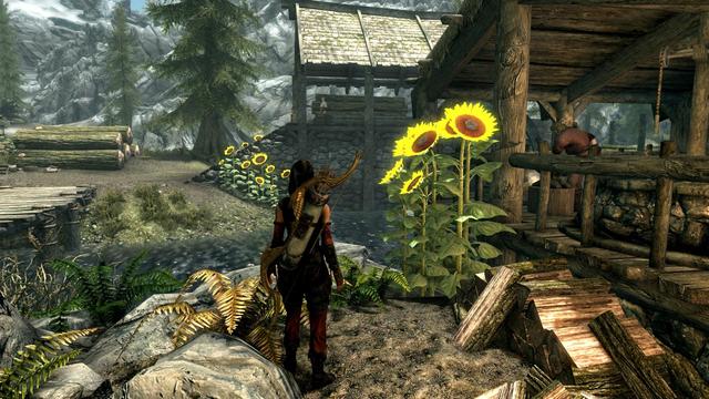 The Elder Scrolls V: Skyrim screenshot. Player character standing next to the blacksmith forge in Riverwood, with large sunflowers growing next to the wall. In the background, beyond the stream, more sunflowers grow by the wall of the sawmill.