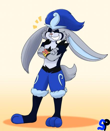 A blue Cinderace crossing her arms and laughing with her eyes closed.