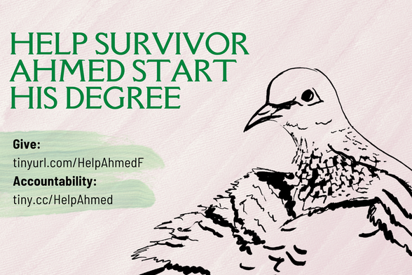A banner that is light pink. In the background is a painted texture, with a black ink drawing of a dove. The title is dark green and says, "Help survivor Ahmed start his degree." In the bottom corner are some green paint strokes, over which the text reads, "Give: tinyurl.com/HelpAhmedF. Accountability: tiny.cc/HelpAhmed.”