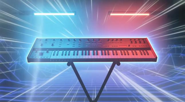 A black electronic keyboard is the central focus of the image, set against a vibrant blue and purple geometric background. The keyboard is supported by a black metal stand with legs angled outward. It has a standard arrangement of white and black keys, with multiple rows of black knobs and buttons positioned above the keys. A bright red horizontal line appears above the keyboard on both sides. The background features a network of intersecting blue lines resembling a futuristic grid or digital landscape.