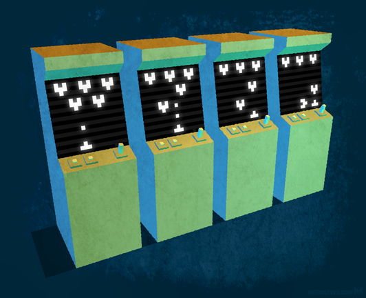 Low-polygon / voxel style 3D artwork, showing four arcade cabinets with a shoot 'em up game, progressing on each cabinet screen.