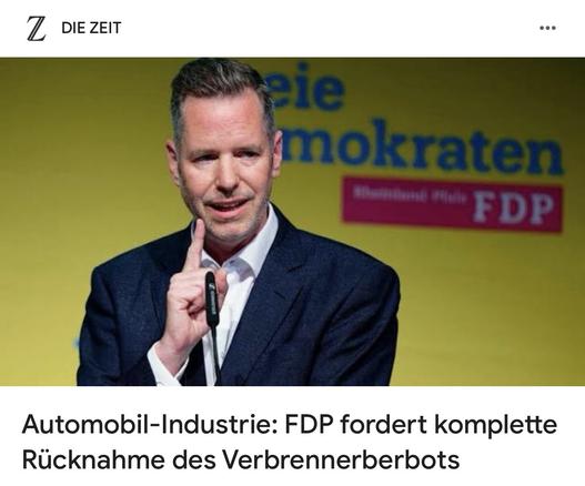 DIEZEIT
ele
mokraten
EDP
Automobil-Industrie: FDP fordert komplette Rücknahme des Verbrennerberbots🖖