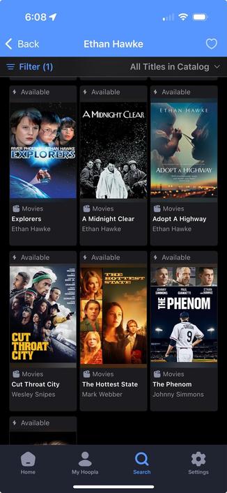 A screenshot of a movie catalog featuring films associated with Ethan Hawke. Titles include "Explorers," "A Midnight Clear," "Adopt A Highway," "Cut Throat City," "The Hottest State," and "The Phenom."