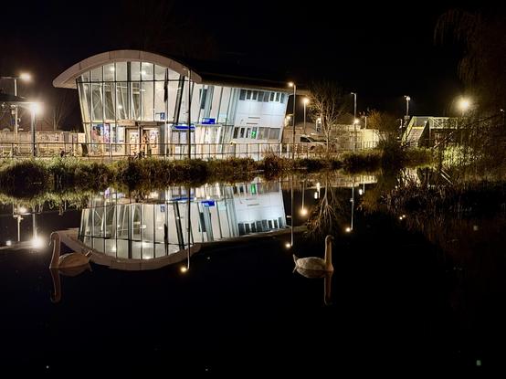 A night shot of a very modern mostly glass building with walls that fan out from the base to a rounded roof to give the impression of a piece of a wedge of a circle reflected in perfectly still inky black water with two swans looking towards the camera