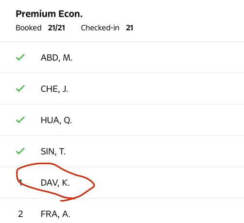 A wait list from air Canadas app. It shows 4 green checks then Dav, K circled in red without a green check