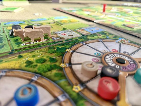 Close up of the resource wheels in Black Forest. One is just about out of shot. The other showing meat charcoal and porridge is in shot. Three cows in a pasture are in the middle distance.