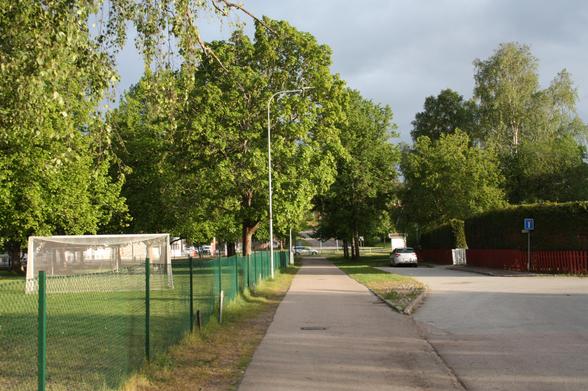 A walkway next to a small road in a small town. On the left is a fence to a school yard, a big white soccer goal and multiple big trees behind it. On the right is a small road, a tall hedge with a low red fence around it. About halfway down the road is split by a strip of grass and further down that there are smaller green trees.
The sun is laying low on the right casting dramatic stripes of light and shadows, from right to left. The little visible sky on the top is light gray.
