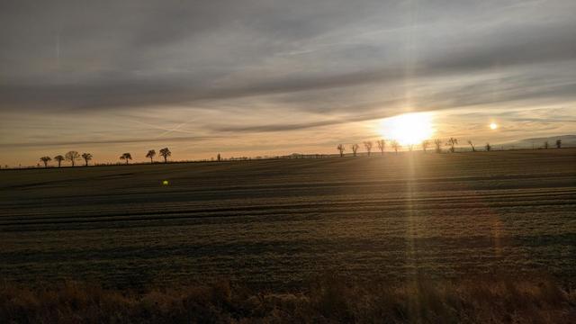 Fahrt vorbei an Wiesen und im Hintergrund ein paar Bäume. Die noch tief stehende Sonne scheint mystisch zwischen den Wolken hindurch