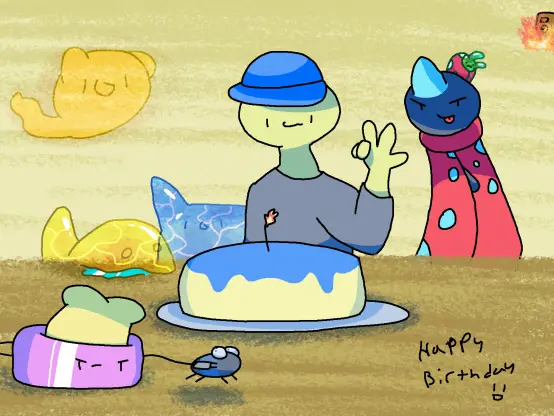 a ton of bugs and slime ocs cheering on a boring looking human in front of his birthday cake